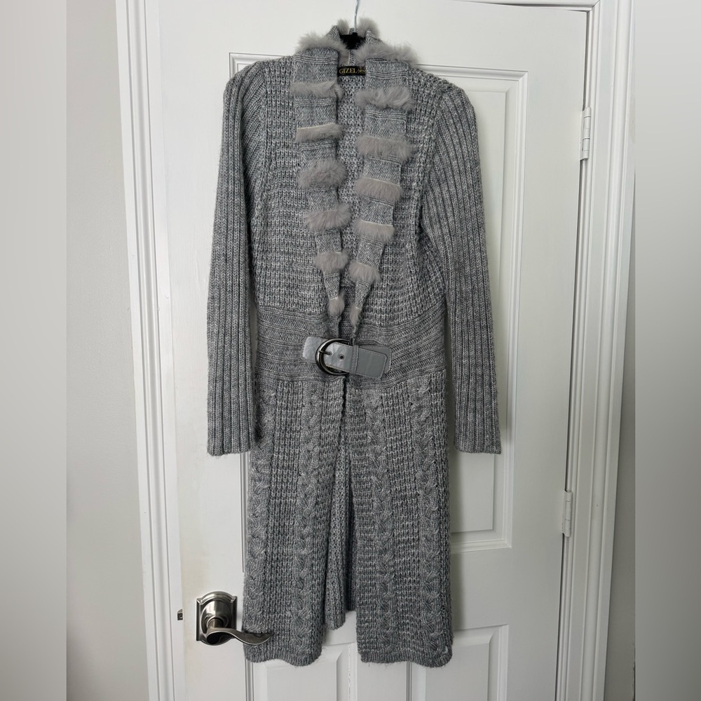 Beautiful coat length sweater by Gizel.